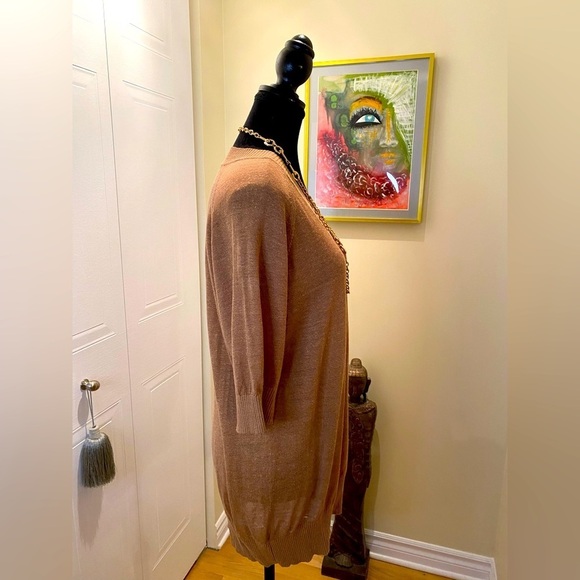 Y2K Liz Claiborne light coffee color ribbed knit v-neck,  hem & sleeves 🧶🤎 - Picture 6 of 9